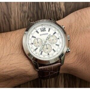 Express Men 30m Silver Steel Leather Analog Quartz Chronograph Watch New Battery